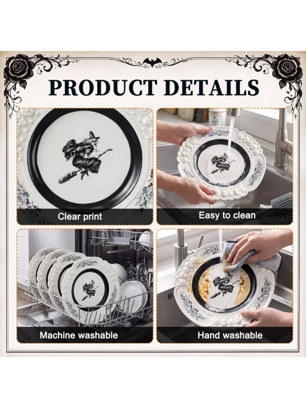 Vintage Halloween Witch Dinnerware Set - 4 Ceramic Plates for Parties & Decor